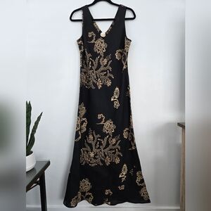 Wallis Vintage 100% Linen Sleeveless Maxi Dress Black & Gold Fliral Print. Size